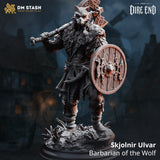 3D-printed gray resin Skjolnir Ulvar barbarian miniature wearing a wolf pelt mask and holding a shield and axe.