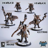 Five variants of the 32mm Vargir Mage resin wizard miniature in various action poses.
