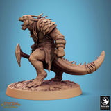 Lizardman warrior with a hand axe, side view, showing armor details and tail.