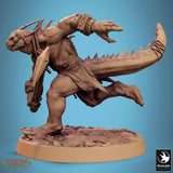Action shot of a lizardman charging forward with a shield, profile view.