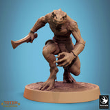 Crouching lizardman warrior wearing a hood, wielding a serrated club and a curved blade.
