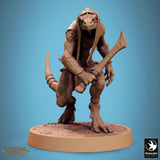 Lizardman rogue miniature in a low, aggressive stance holding a serrated club and a curved blade.