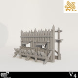 Side angle of a wooden wall section showing the defensive platform and spiked barricade.