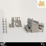Three-piece set of wooden wall terrain including a ladder, a platform section, and a barricaded wall.