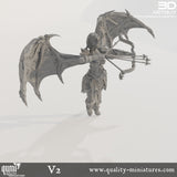 Digital render of a winged succubus archer, three-quarter view, drawing a bow with multiple arrows.