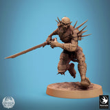 Spiked ghoul warrior in a combat stance, holding a sword low, angled view.