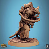 Ratkin miniature with a spiked helmet and heavy backpack, front-right angle view on a textured base.