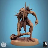 Ghoul monster in a low, aggressive posture, holding a bone weapon, side view.