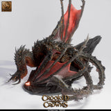 High angle view of the Magma Dragon, highlighting the textured scales and long, curled tail.