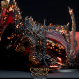 Close-up of the Magma Dragon miniature, highlighting the detailed jagged scales and glowing lava-like texture.
