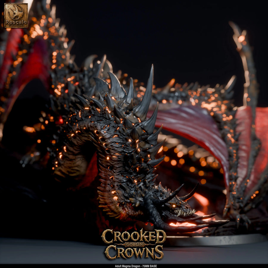 Close-up of the Magma Dragon miniature, highlighting the detailed jagged scales and glowing lava-like texture.