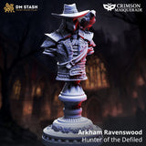 Fantasy hunter bust with mask and raven perched on the shoulder above a circular pedestal.