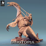 Close-up perspective of the Therizinosaurus and rider, highlighting the saddle and gear details