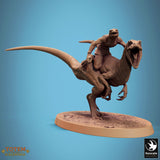 3D-printed resin Velociraptor miniature with rider, roaring mouth, side profile view.