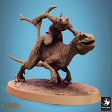 Reptilian rider on Velociraptor mount holding a crescent blade, side view showing pose.