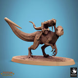 Velociraptor dinosaur miniature with rider, front-facing view showing mounting detail.
