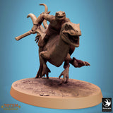Dinosaur rider miniature on Velociraptor, angled front view showing mounted posture.