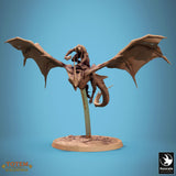 Side view of a flying Zicoalt dinosaur with a rider, supported by a clear flight stand.