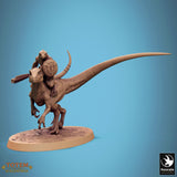 Side view of a raptor miniature with a long tail on an oval base.