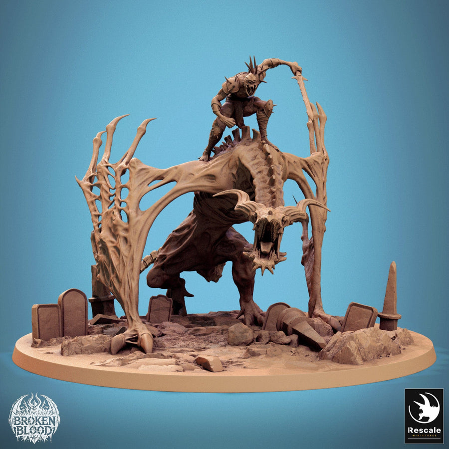 A mounted warrior riding a skeletal dragon wyvern creature on a ruined graveyard base
