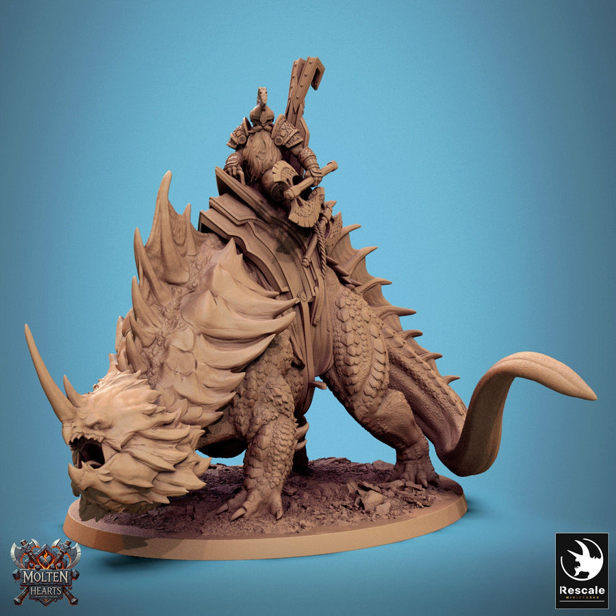 Three-quarter angle of the Drakanchor creature featuring an Axe Fighter mounted in the saddle