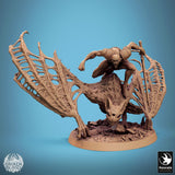 Front view of the Dabeath Bat creature, showing its tattered wings and textured skin on a rubble base.