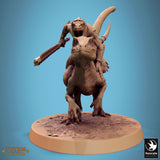 Raptor miniature with a curled tail standing on an oval base.