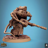 Ratkin warrior holding a long plasma weapon, side profile view showing tubes and rugged attire.