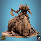 Front view of a horned warrior riding a large, textured monster with a massive axe.
