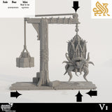Gibbet crane terrain with scale diagram showing a 50x150mm base and 142mm height for the V1 variant.