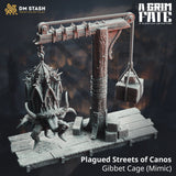 Front view of the Plagued Streets of Canos gibbet cage terrain with a mimic creature