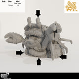 Side view of the crab monster miniature with black arrows pointing to key structural details.
