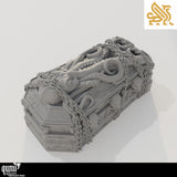 Isometric view of the sarcophagus with black scale reference arrows indicating dimensions.
