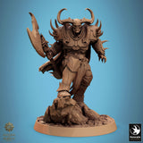 Horned warrior in heavy armor standing on a rock, holding a large axe.