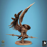 Rear-side angle of the winged warrior miniature showcasing the detailed feathers and armor plates.