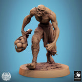 Ghoul monster in a lunging attack pose, holding a spine-skull weapon, side view.