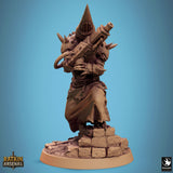 Side profile of a rat-folk soldier with a spiked helmet, standing on a brick base holding a heavy weapon.