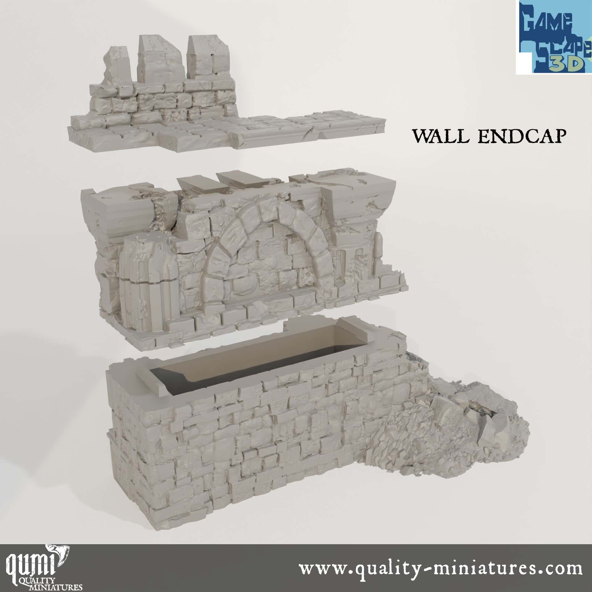 Ruin Wall EndCap - Resin Print - Tabletop RPG Terrain - GameScape3D - Qumi Quality Miniatures - Qumi Wargaming Mini Model Figure