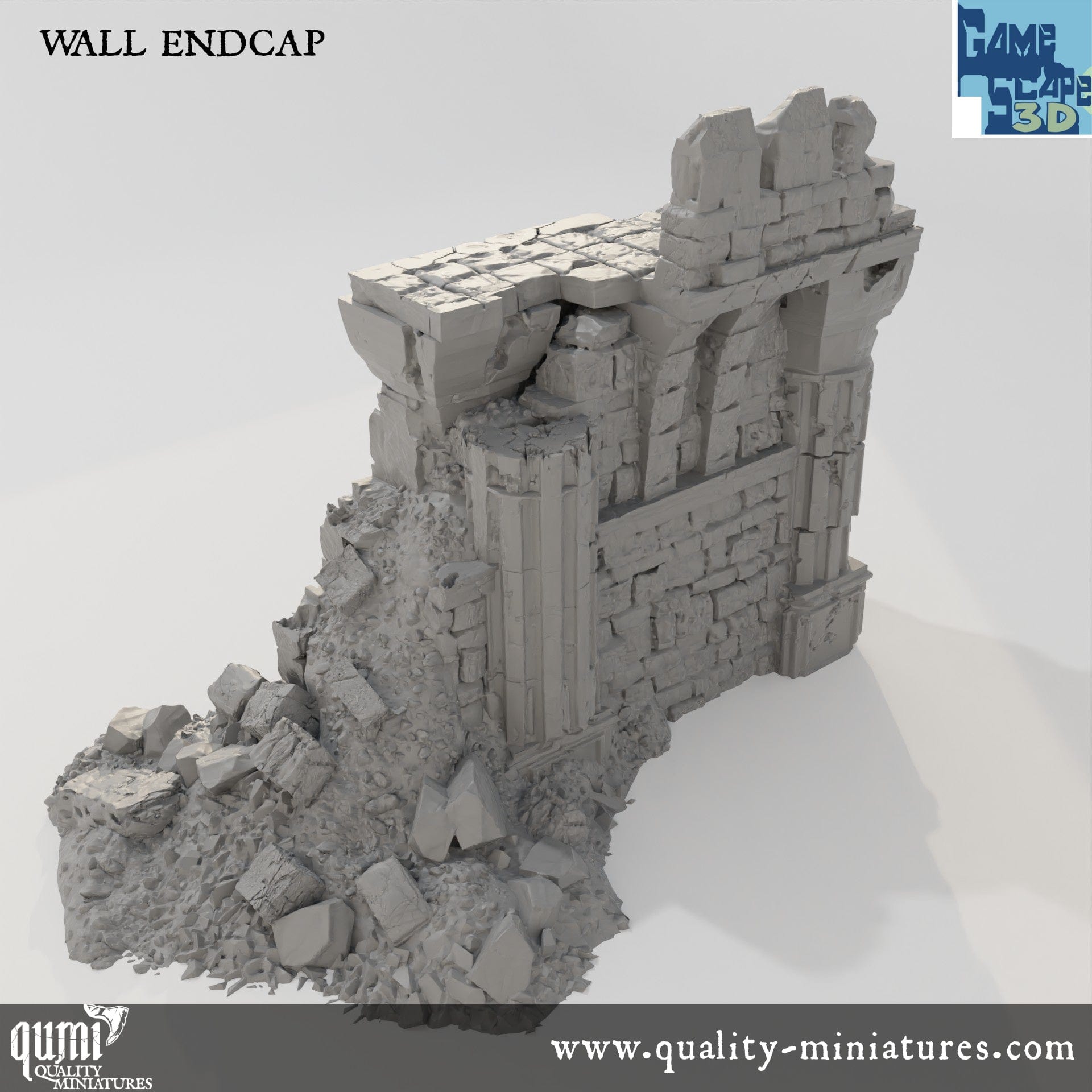 Ruin Wall EndCap - Resin Print - Tabletop RPG Terrain - GameScape3D - Qumi Quality Miniatures - Qumi Wargaming Mini Model Figure