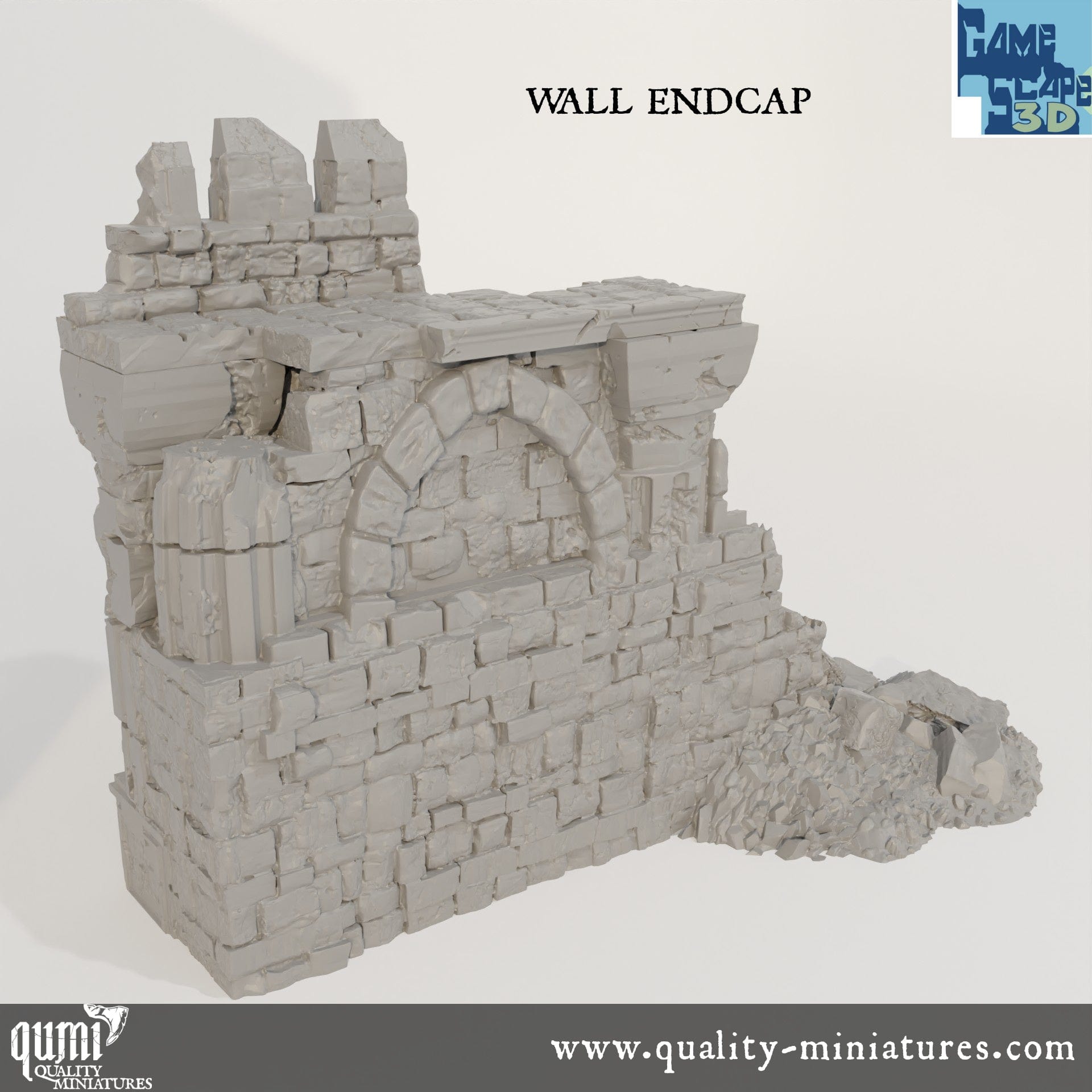 Ruin Wall EndCap - Resin Print - Tabletop RPG Terrain - GameScape3D - Qumi Quality Miniatures - Qumi Wargaming Mini Model Figure