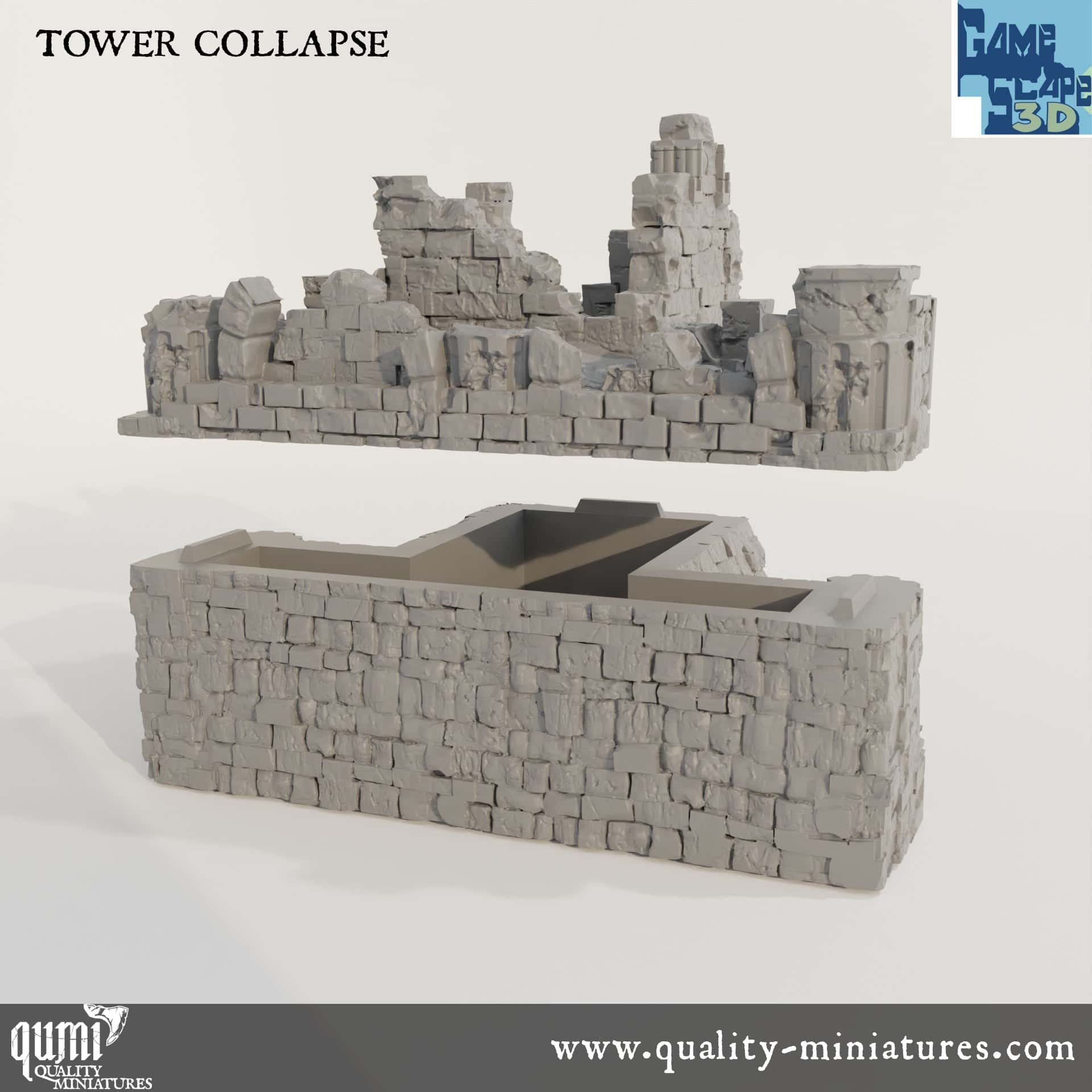 Ruin Wall Tower Collapse - Resin Print - Tabletop RPG Terrain - GameScape3D - Qumi Quality Miniatures - Qumi Wargaming Mini Model Figure