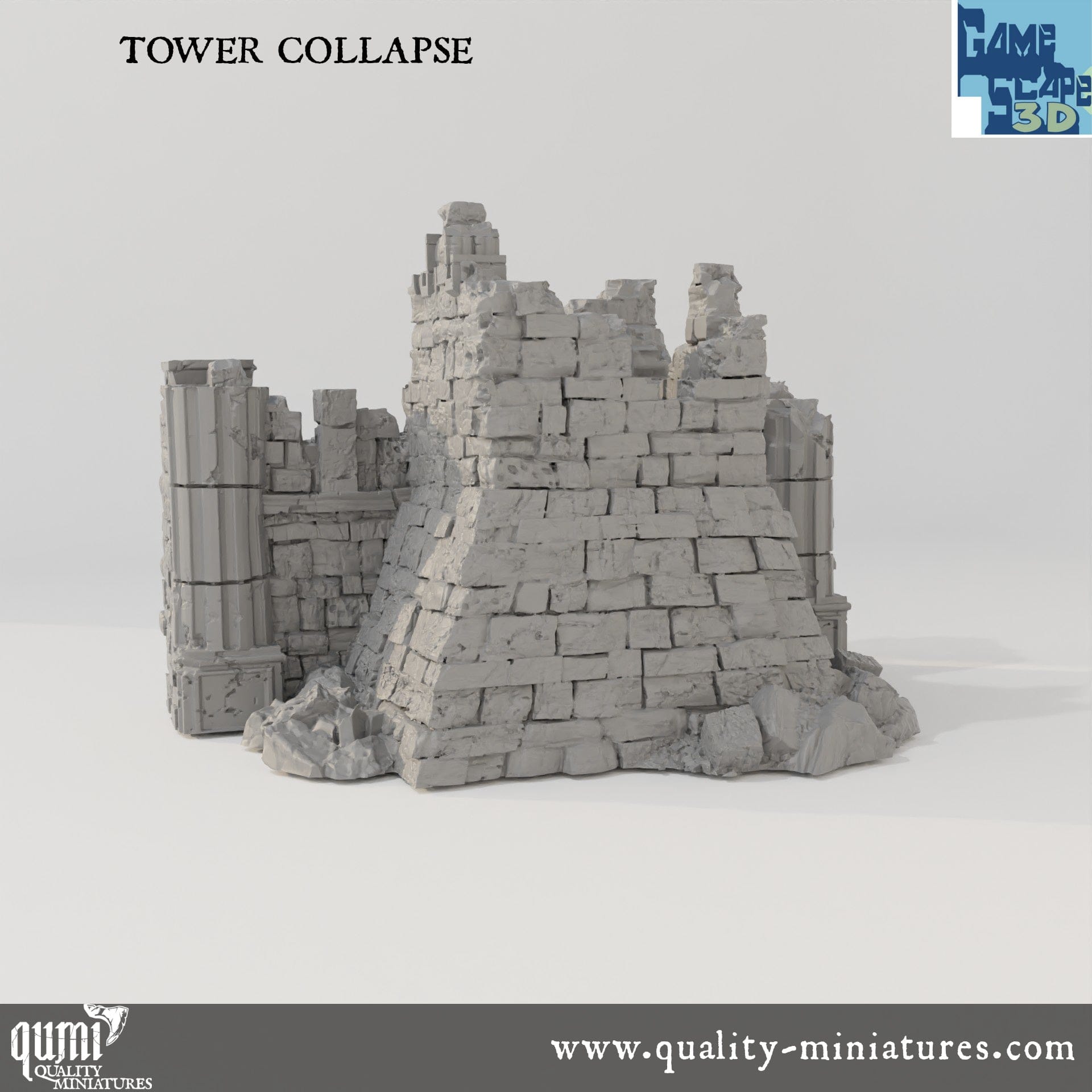 Ruin Wall Tower Collapse - Resin Print - Tabletop RPG Terrain - GameScape3D - Qumi Quality Miniatures - Qumi Wargaming Mini Model Figure