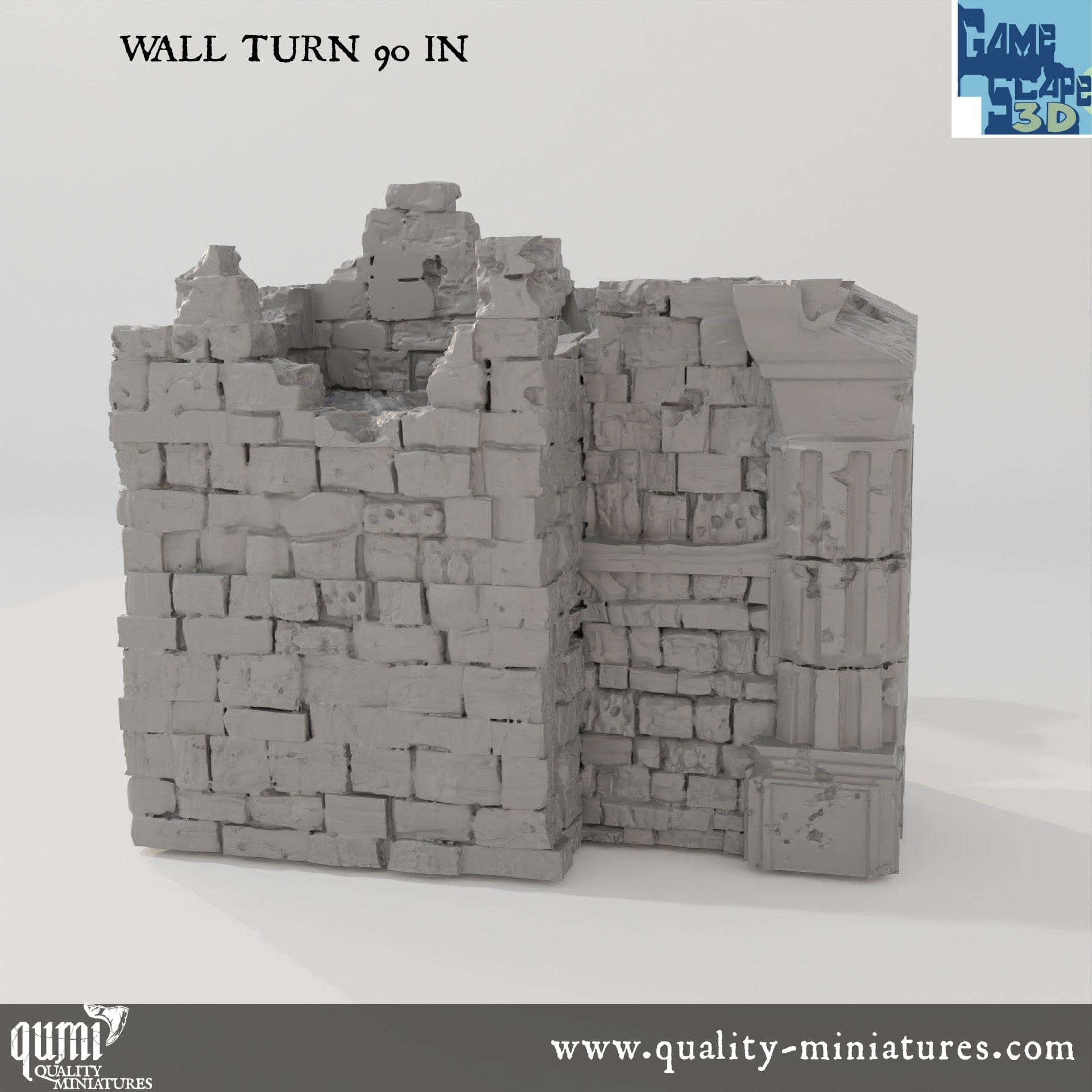 Ruin Wall Turn90 In - Resin Print - Tabletop RPG Terrain - GameScape3D - Qumi Quality Miniatures - Qumi Wargaming Mini Model Figure