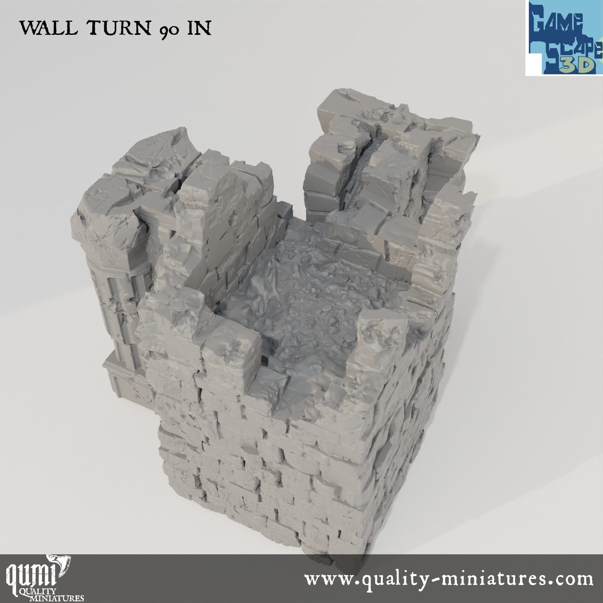 Ruin Wall Turn90 In - Resin Print - Tabletop RPG Terrain - GameScape3D - Qumi Quality Miniatures - Qumi Wargaming Mini Model Figure
