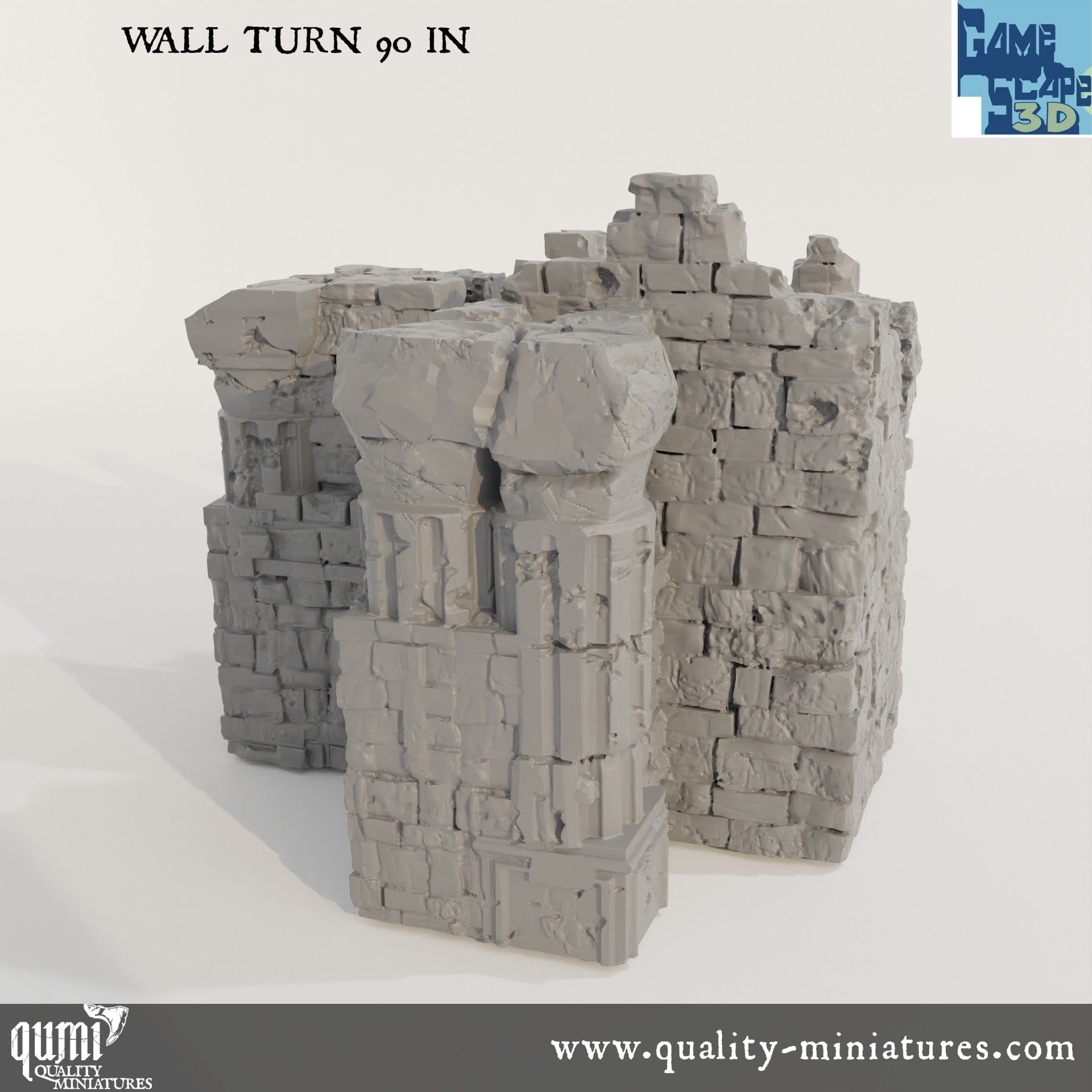 Ruin Wall Turn90 In - Resin Print - Tabletop RPG Terrain - GameScape3D - Qumi Quality Miniatures - Qumi Wargaming Mini Model Figure