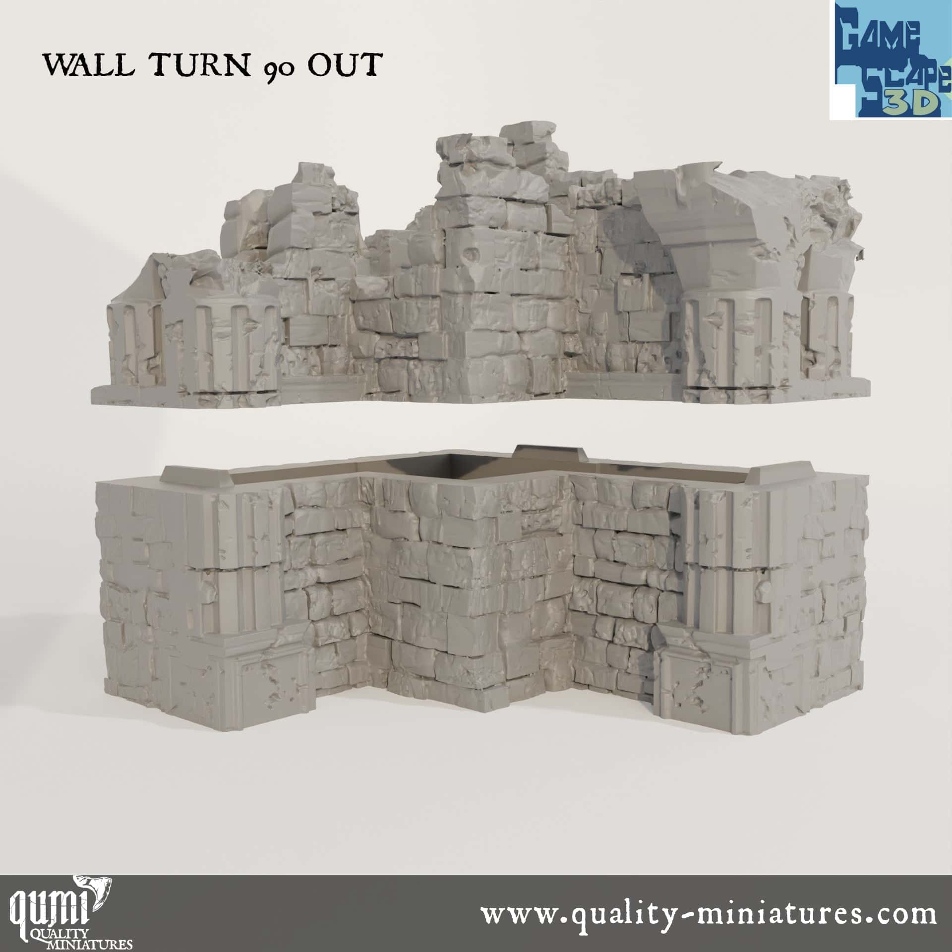 Ruin Wall Turn90 Out - Resin Print - Tabletop RPG Terrain - GameScape3D - Qumi Quality Miniatures - Qumi Wargaming Mini Model Figure
