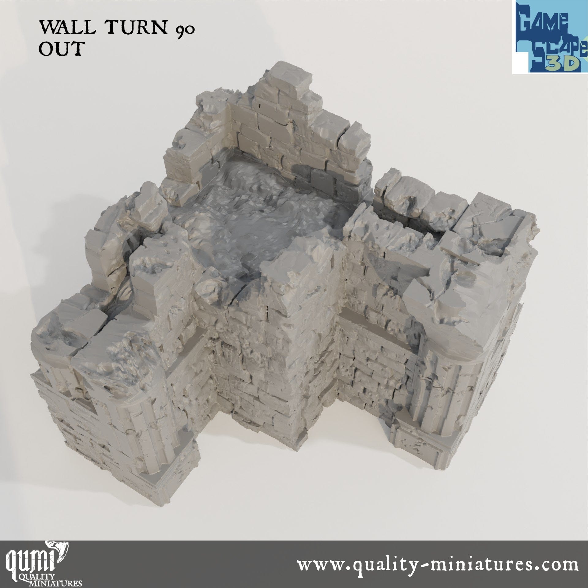 Ruin Wall Turn90 Out - Resin Print - Tabletop RPG Terrain - GameScape3D - Qumi Quality Miniatures - Qumi Wargaming Mini Model Figure