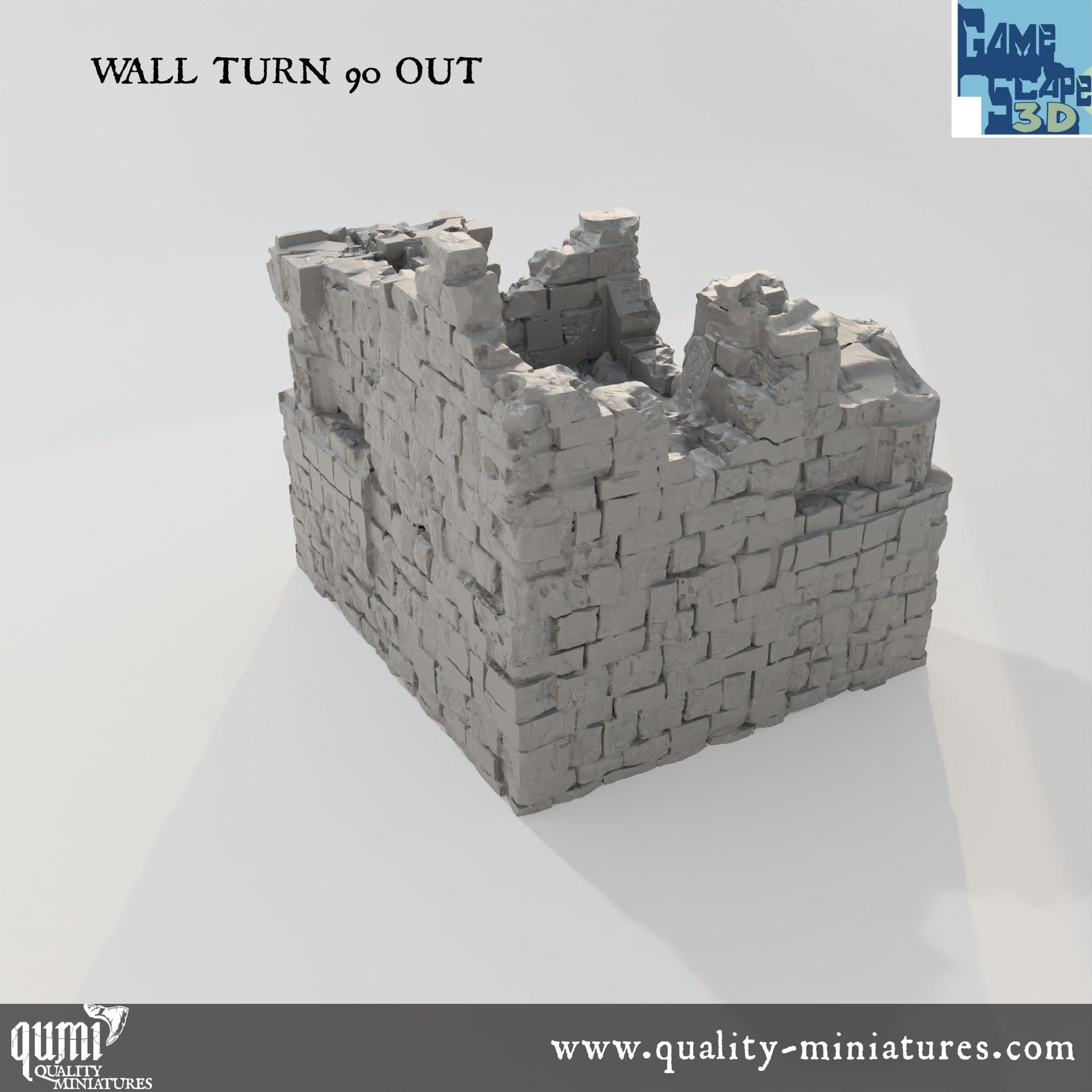 Ruin Wall Turn90 Out - Resin Print - Tabletop RPG Terrain - GameScape3D - Qumi Quality Miniatures - Qumi Wargaming Mini Model Figure