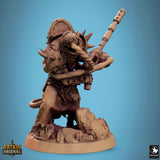 Ratkin gunner wearing a gas mask, front view focusing on the long weapon barrel and rocky base.