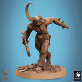 Muscular horned warrior in a dynamic running pose with a skull belt.